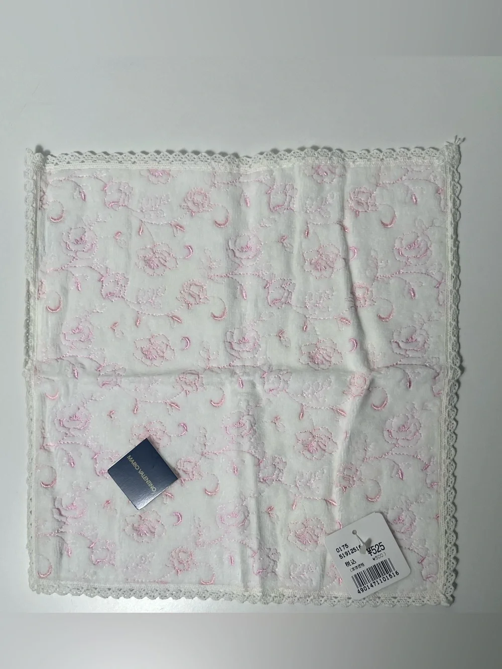 Mario Valentino Vintage Pink Rose Embroidered Cotton Handkerchief Hand Towel
